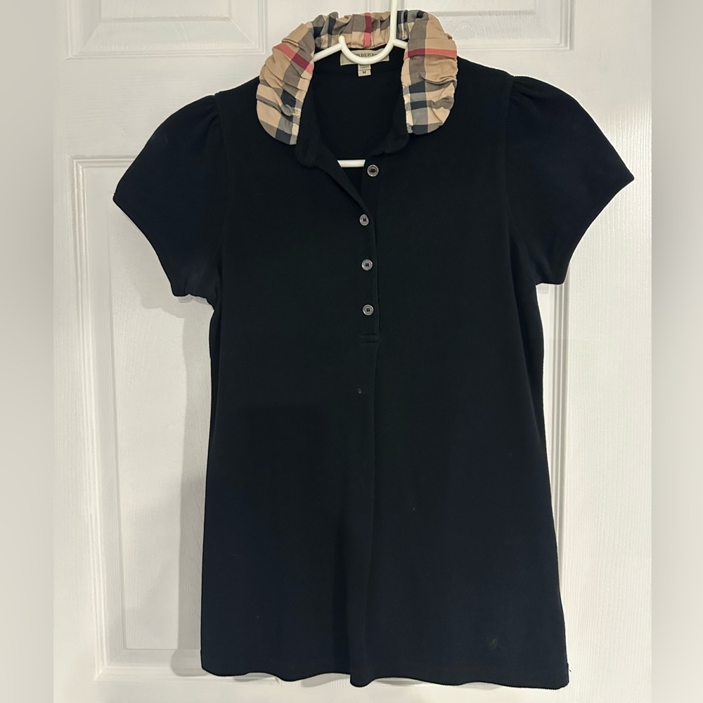 Burberry Black Button Down Shirt with Beige Plaid Collar
